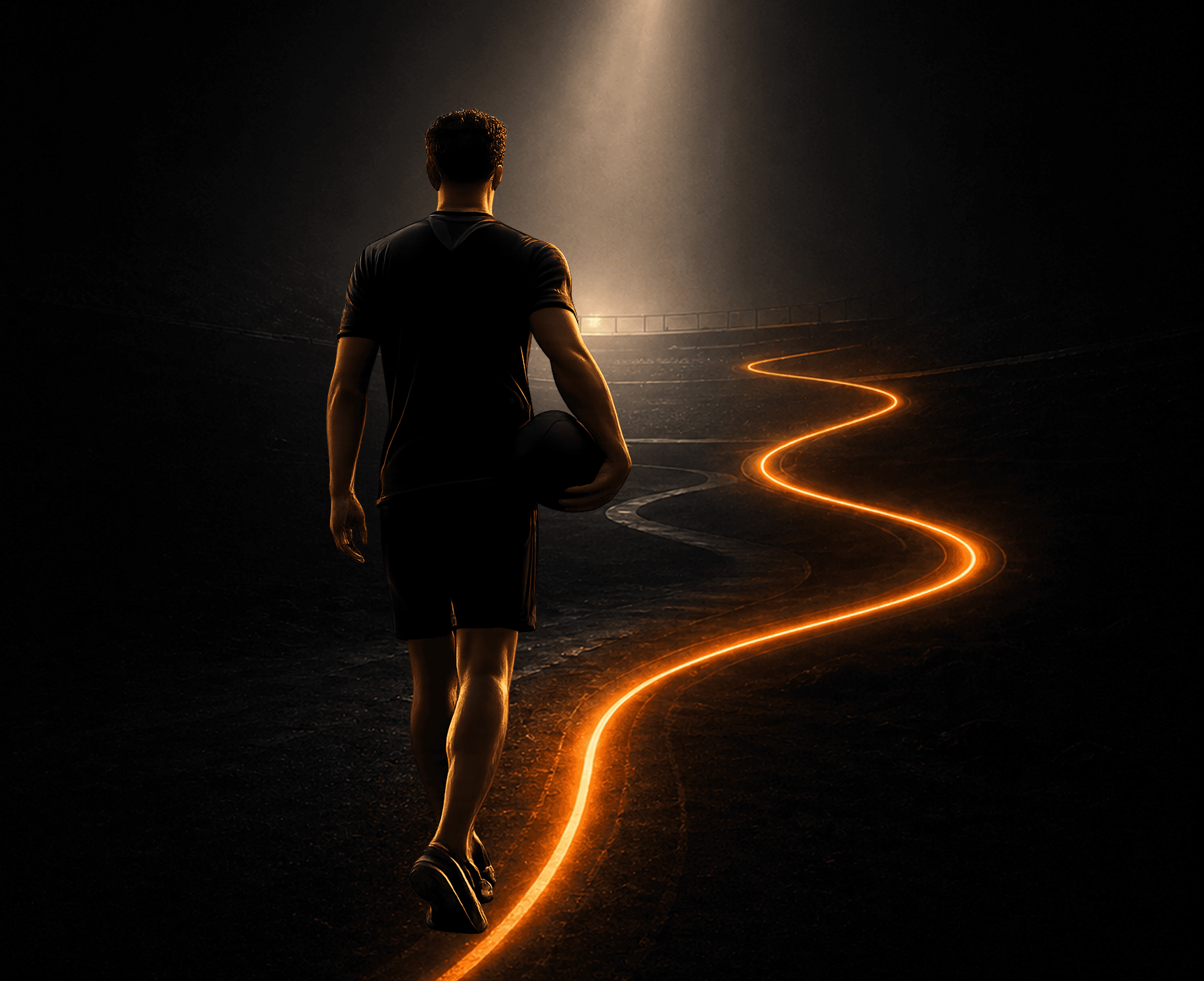 Athlete walking along a glowing orange path